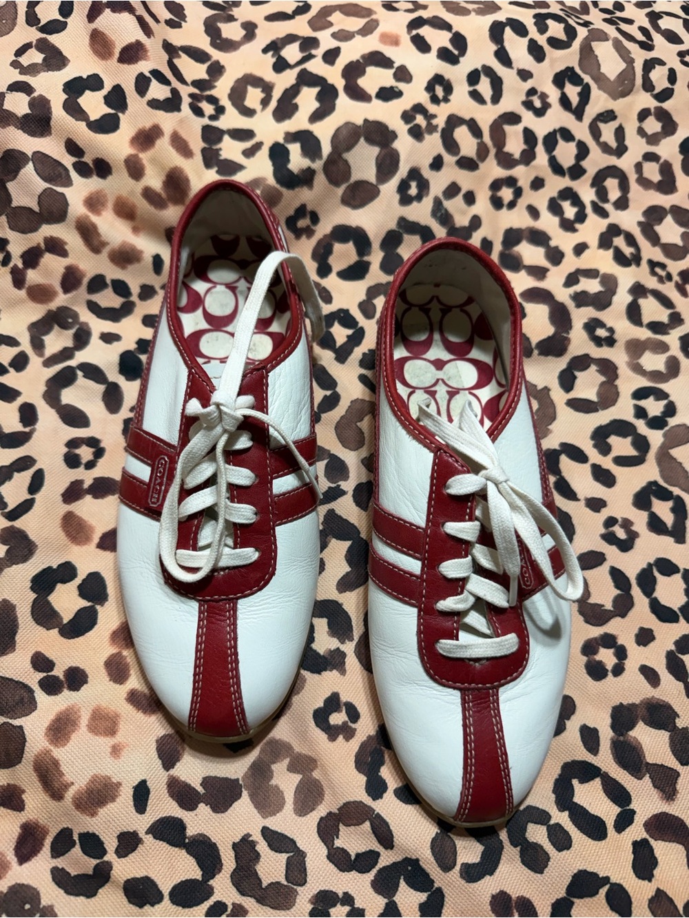 Coach White and Red Leather Lace-Up Sneakers